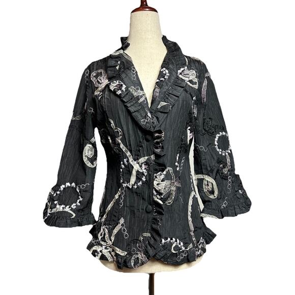 Vintage Y2K Crinkle Floral Embroidered Blazer Sz S Whimsigoth Fairy Dark Cottage - Picture 1 of 11